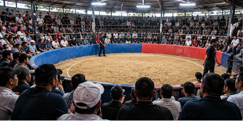 Real arena seating surrounds roosters before a hyriv Cockfighting event begins.