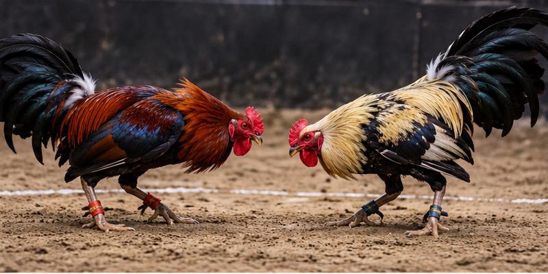 Two roosters face each other inside a traditional enclosed match ring.