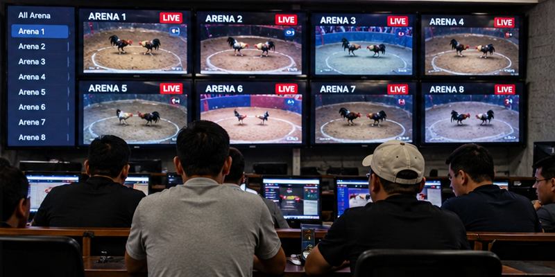Multiple arena screens show live cockfighting coverage across the hyriv system.